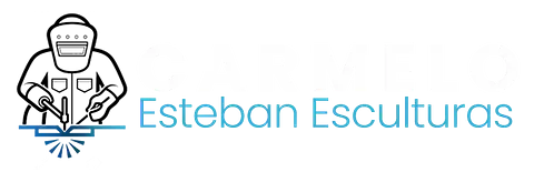 El logo de Esteban Esculturas muestra a un hombre soldando una pieza de metal.