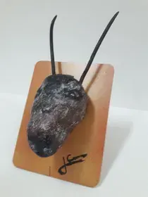 Una roca con cuernos largos está sentada encima de una tarjeta.