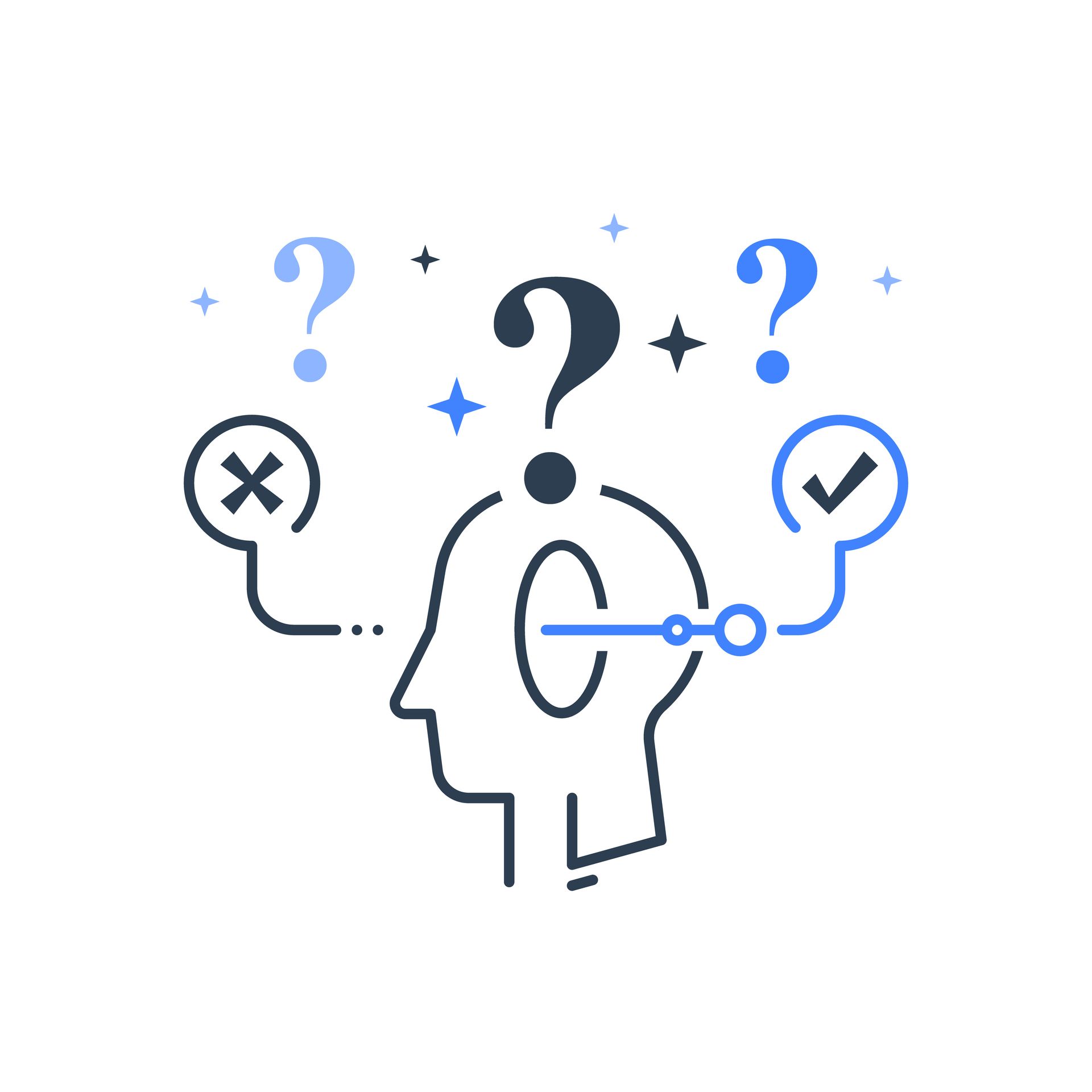 Illustration d'une tête avec un point d'interrogation au-dessus, ainsi qu'une coche et une croix de chaque côté.