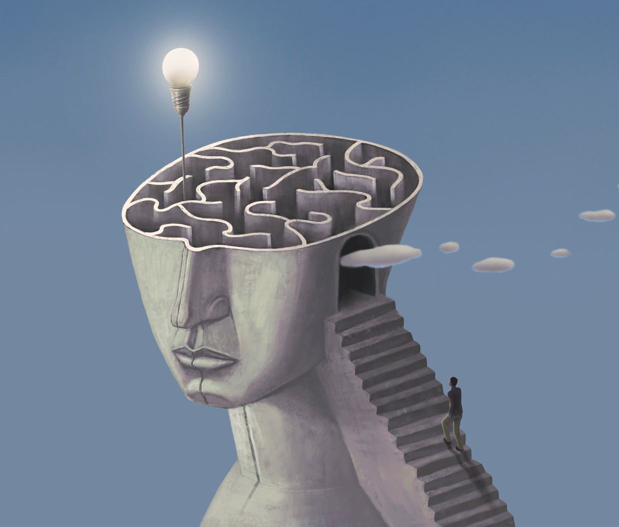 Tête de pierre avec un cerveau en labyrinthe, une ampoule, des escaliers et une personne grimpant vers une porte avec des nuages.