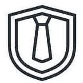 Logotipo de escudo negro con un icono de corbata en el centro.