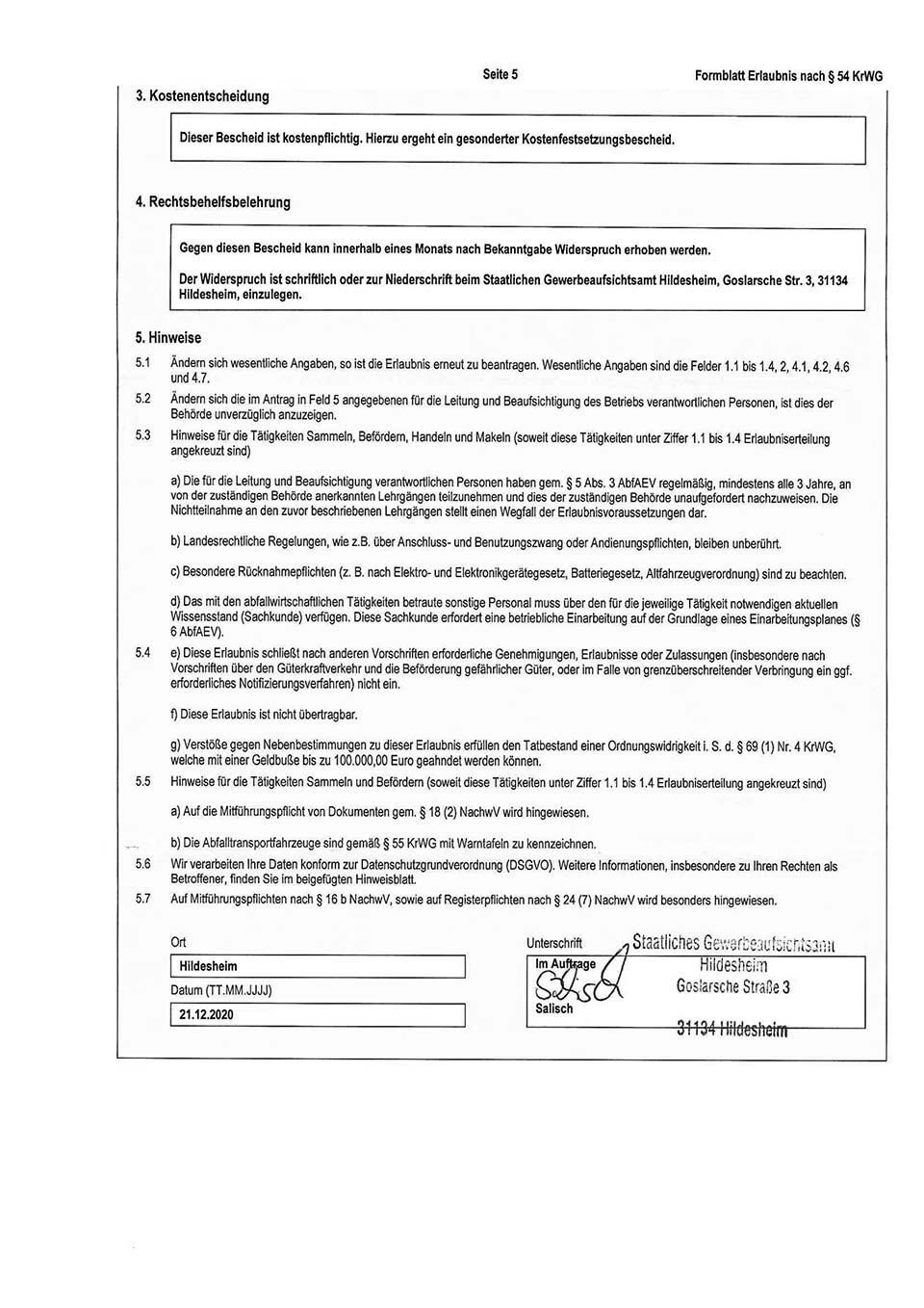 Offizielles Dokumentformular mit Text und Feldern für Unterschriften.