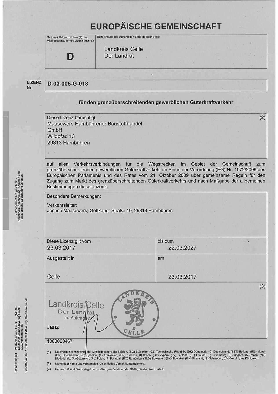 Dokument der Europäischen Gemeinschaft mit deutschem Text und Siegel.