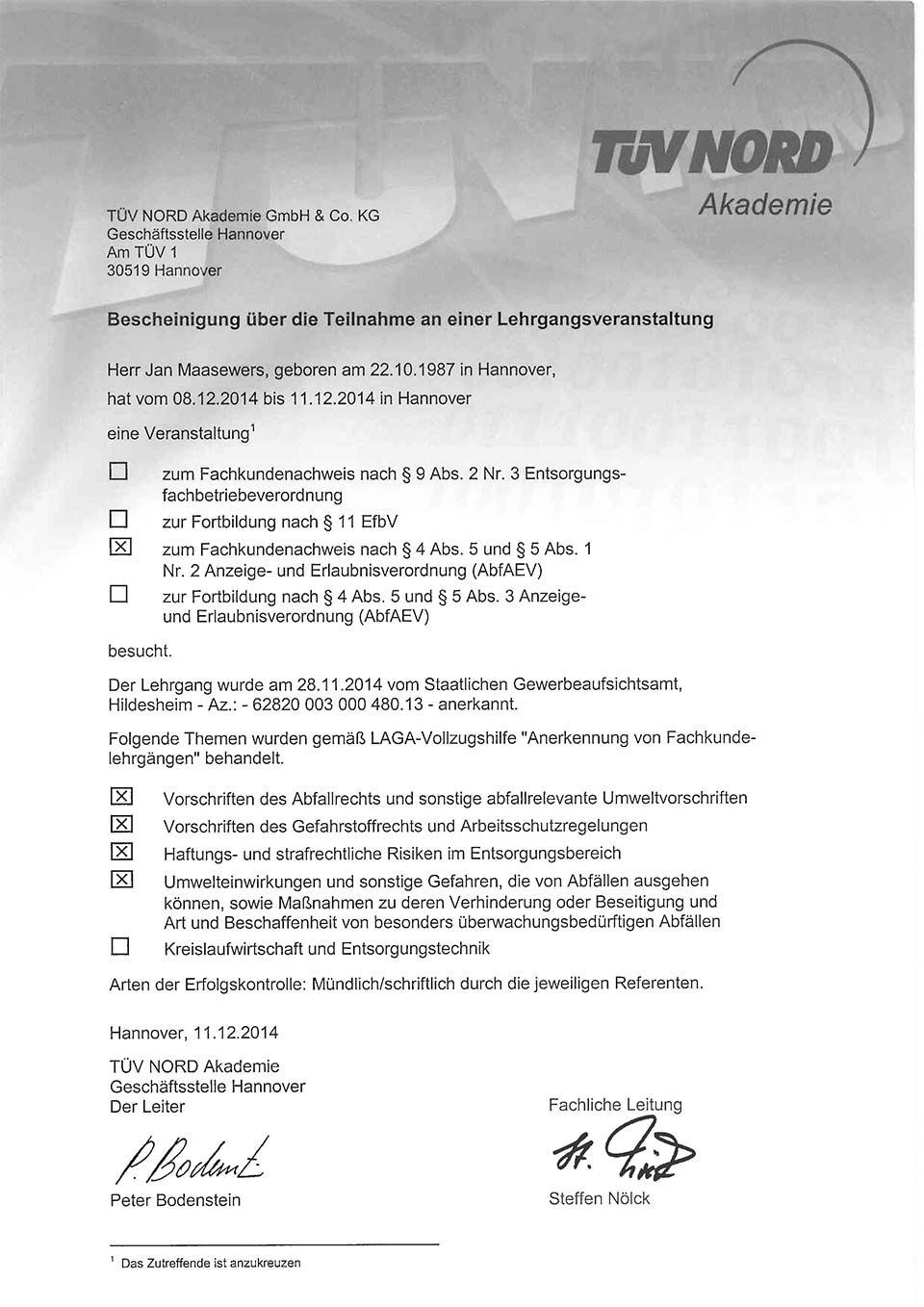 Offizielles Dokument der TÜV NORD Akademie mit Text und Unterschrift auf weißem Hintergrund.