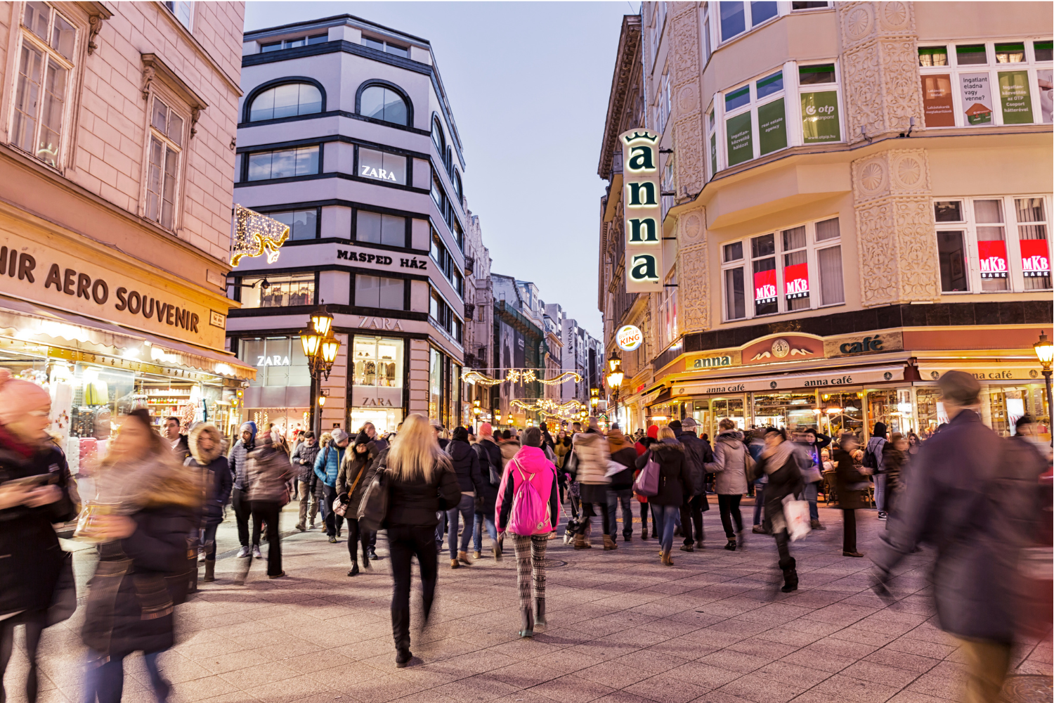 Váci utca Budapest, Hungary, a busy pedestrian street with shops, buildings, and many people walking.