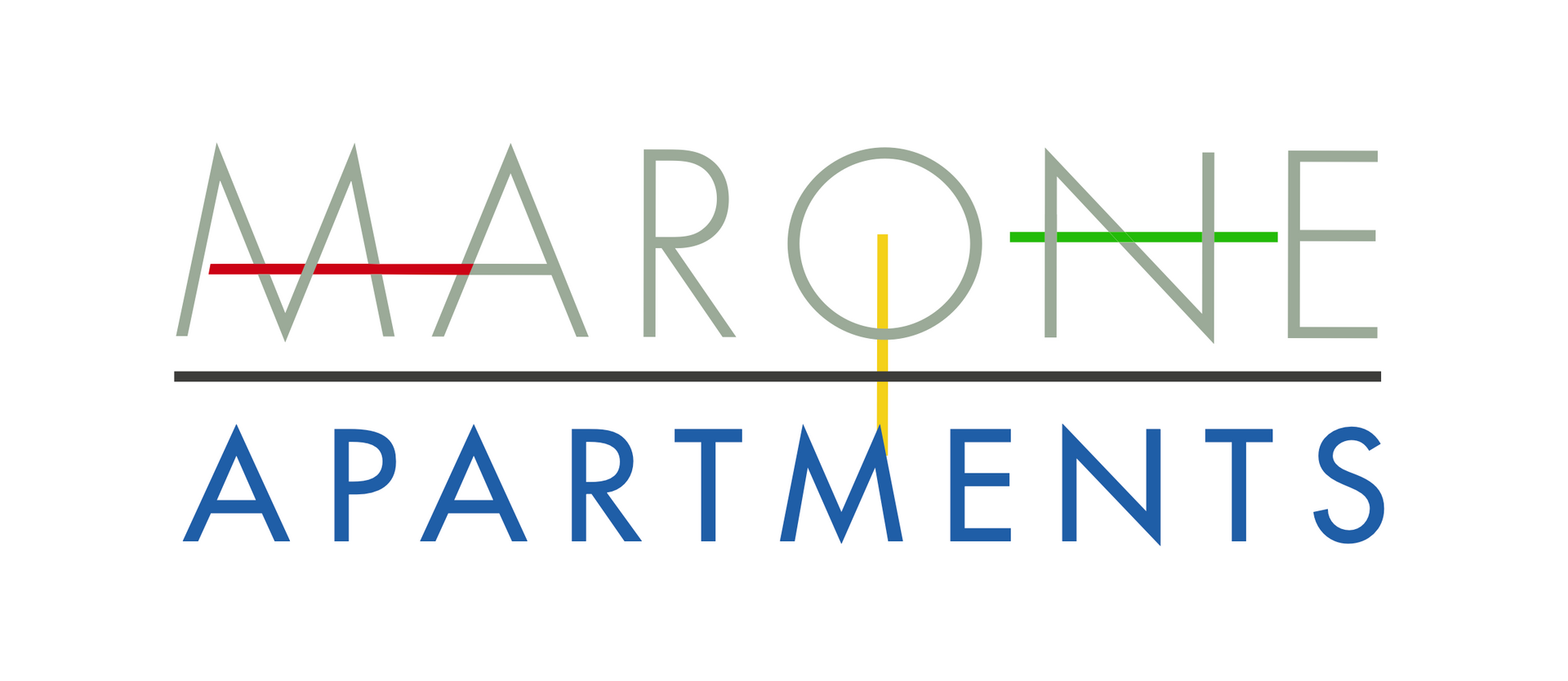 Marone Apartments logo: sage letters, red and green lines, yellow vertical line, and blue "APARTMENTS" below a black line.
