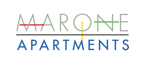 Marone Apartments logo: sage letters, red and green lines, yellow vertical line, and blue "APARTMENTS" below a black line.
