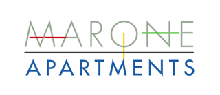 Marone Apartments logo: sage letters, red and green lines, yellow vertical line, and blue "APARTMENTS" below a black line.