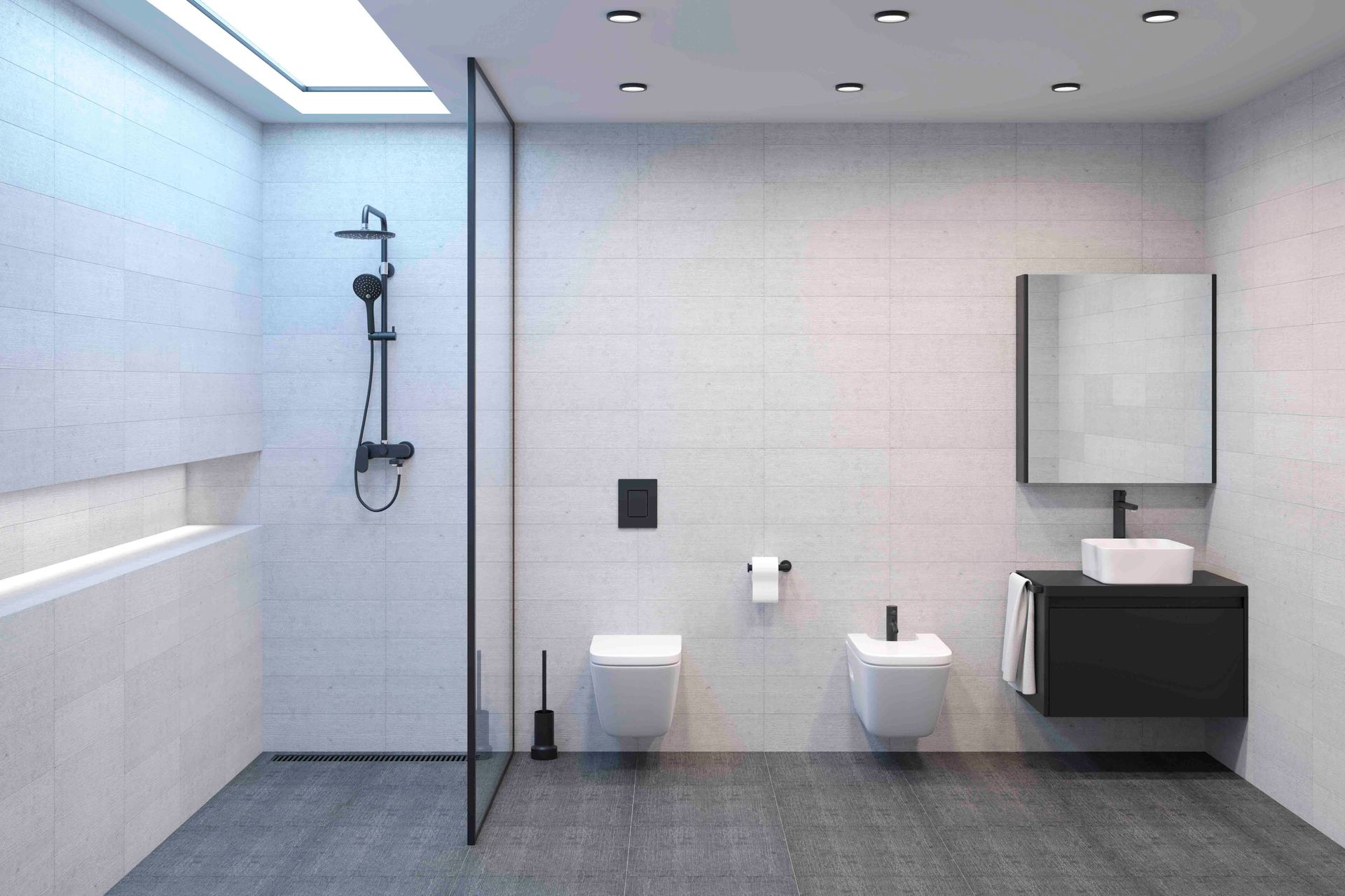 Modernes minimalistisches Badezimmer mit hellgrau gefliesten Wänden