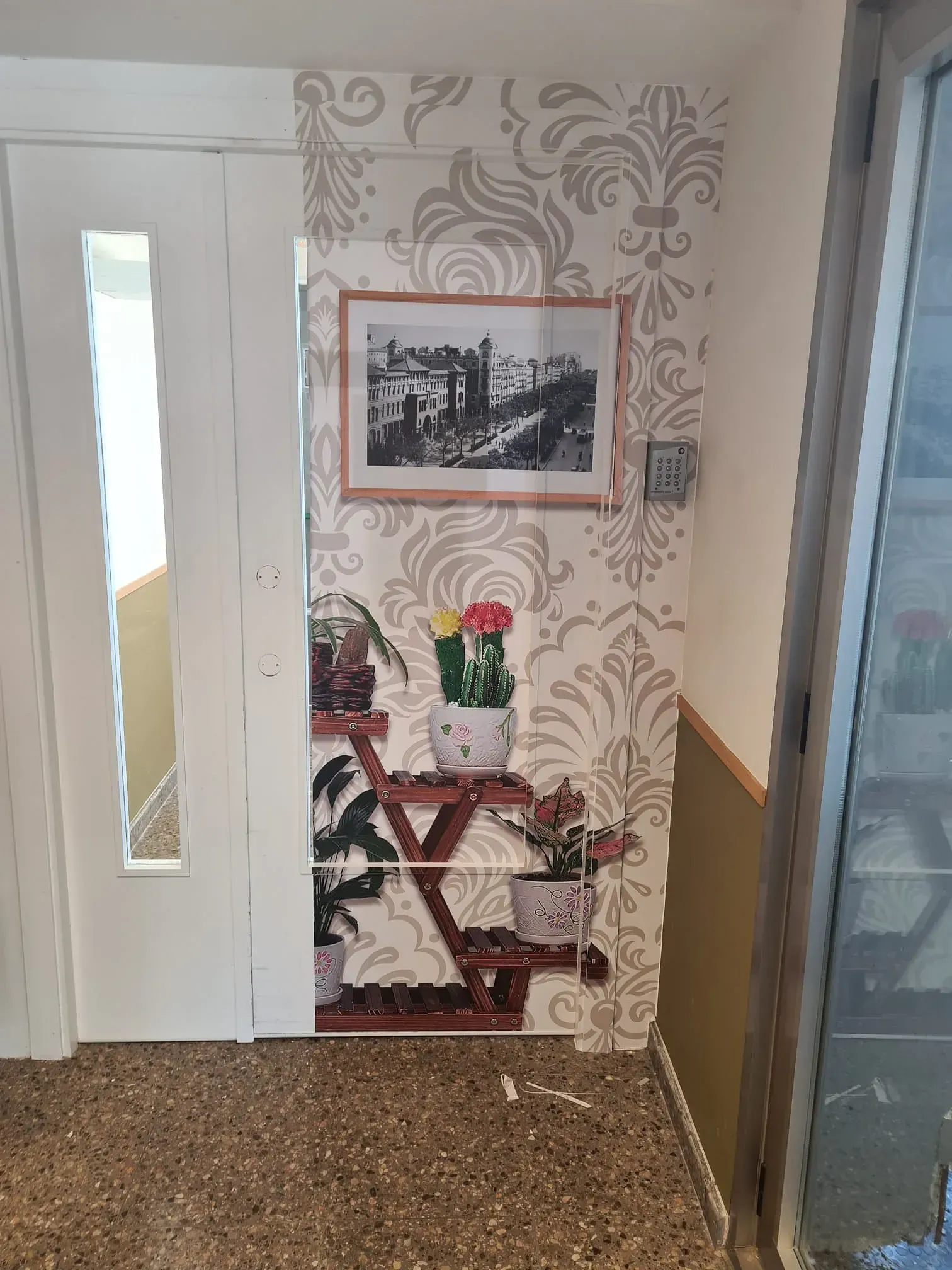 Pasillo con papel pintado estampado, una escena callejera enmarcada en blanco y negro y una estantería con plantas en maceta. Se ve una puerta a la izquierda.