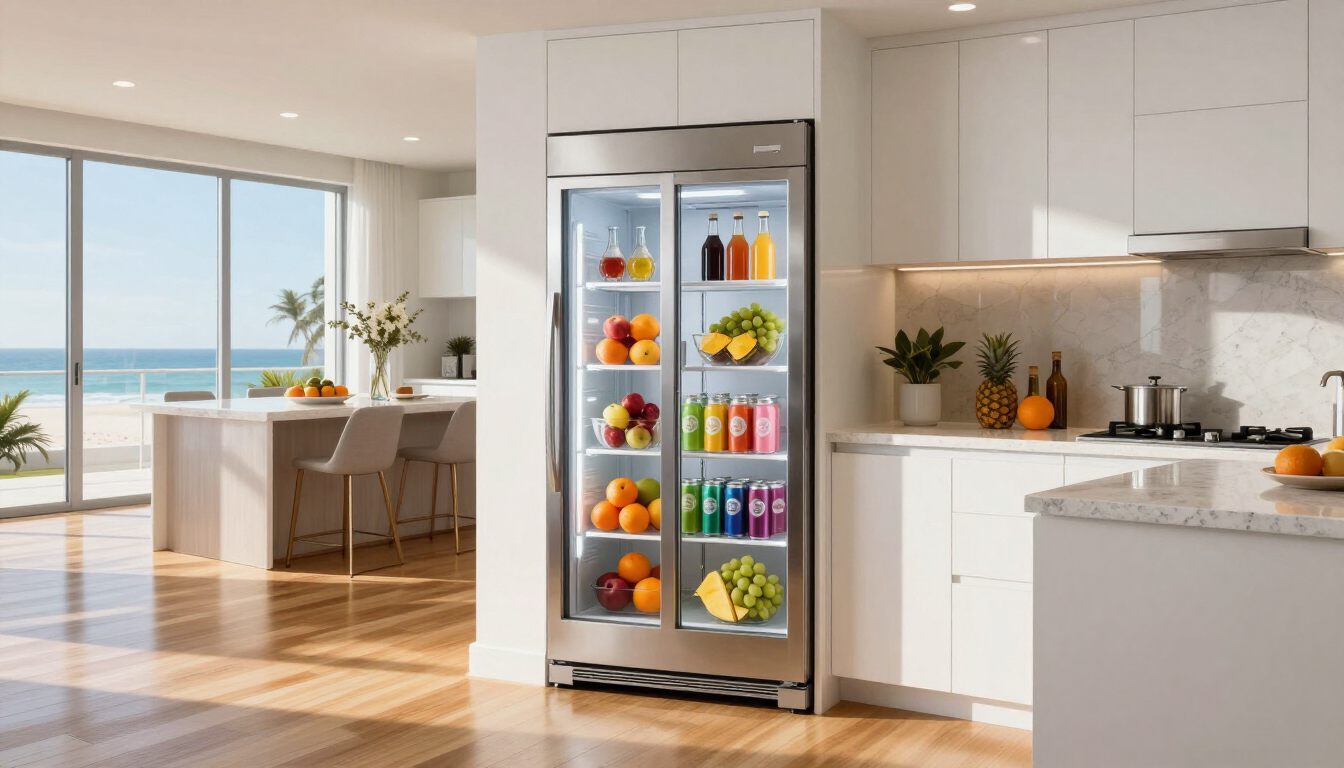 A modern refrigerator in a Rocky Point vacation rental kitchen.