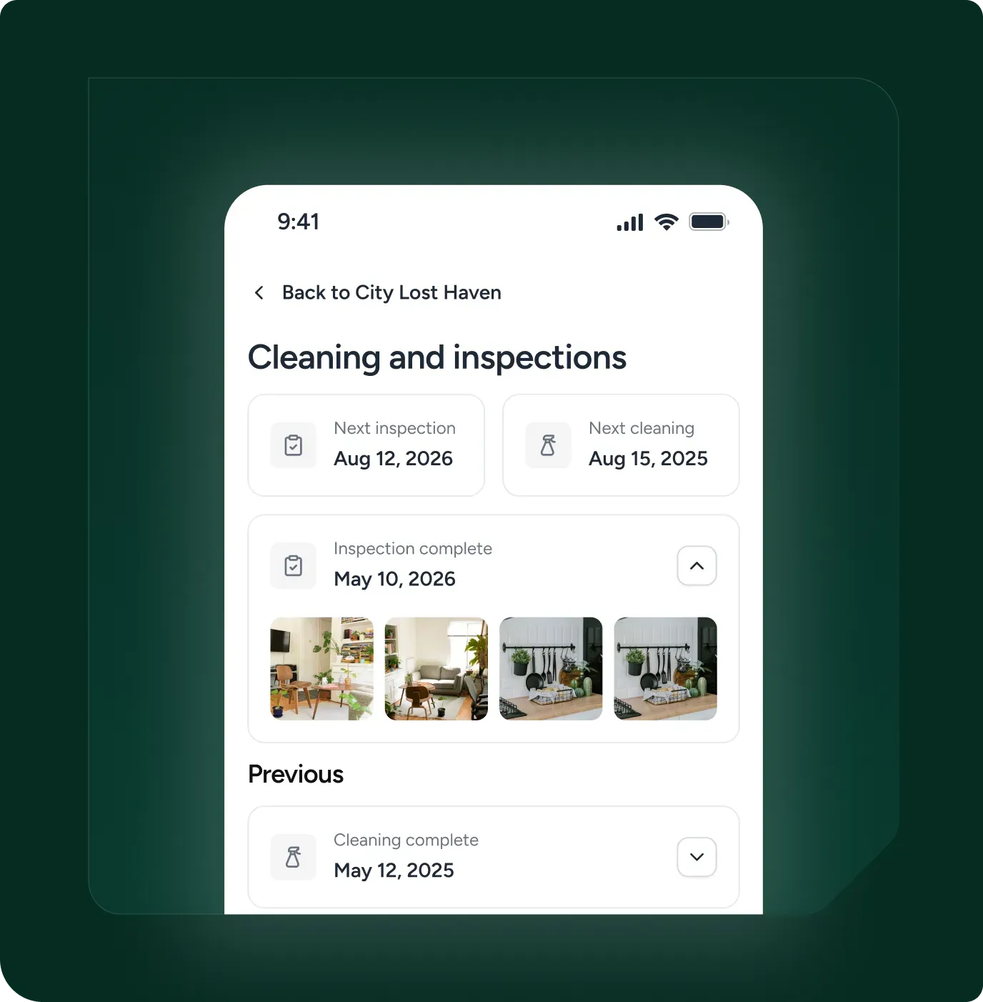 Mobile app screen titled “Cleaning and inspections” with schedule cards and property photo thumbnails.