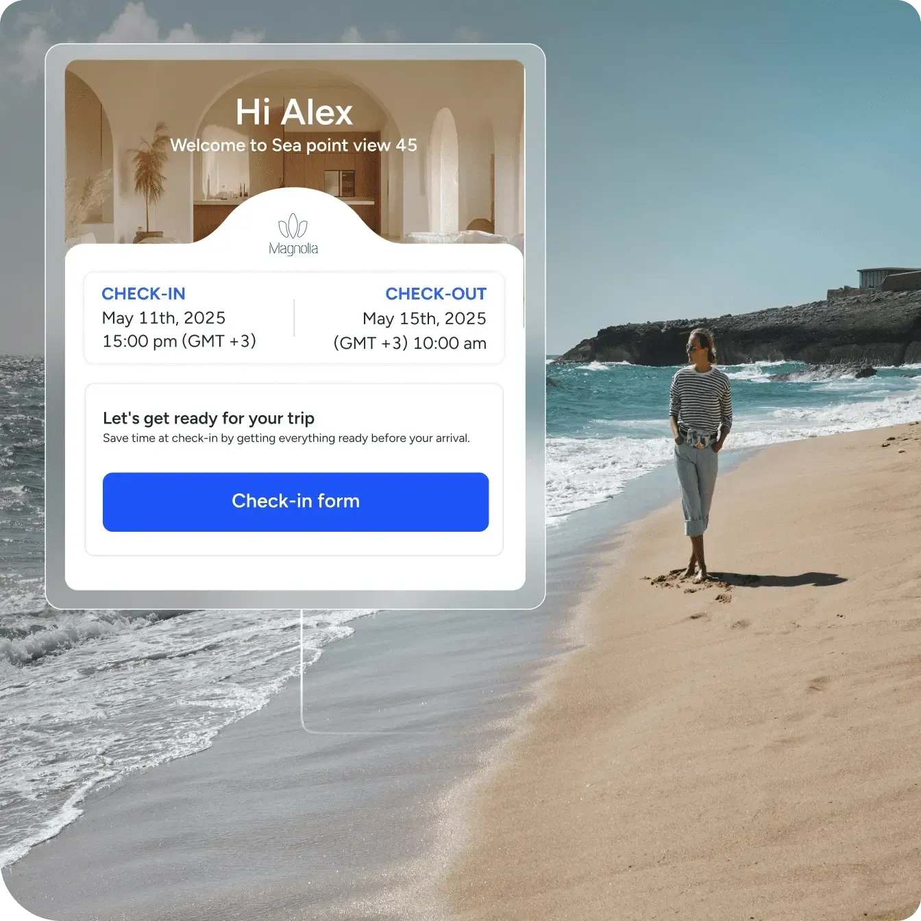 Beach scene with a person standing near the shoreline and a small booking pop-up overlaid on the left.