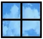 Fenster mit vier Scheiben, die blauen Himmel und weiße Wolken zeigen.