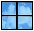 Fenster mit vier Scheiben, die blauen Himmel und wei&szlig;e Wolken zeigen.