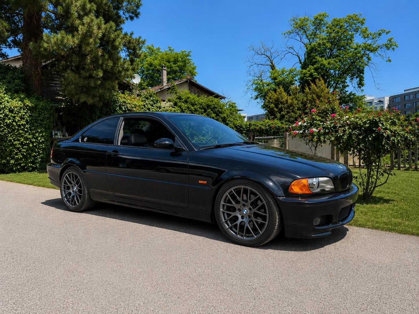 Coupé BMW noir garé dans une allée ensoleillée, avec des arbres et des haies en arrière-plan.