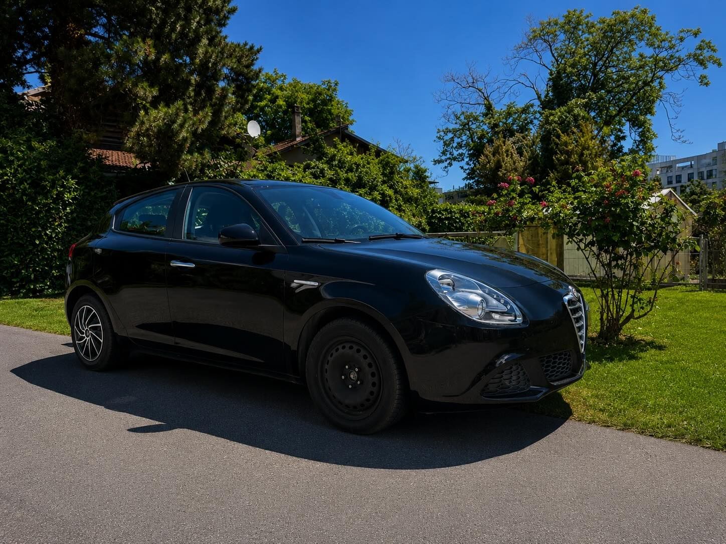 Voiture compacte noire garée dans une rue résidentielle, près d'une haie verte et d'arbres, sous un ciel bleu.