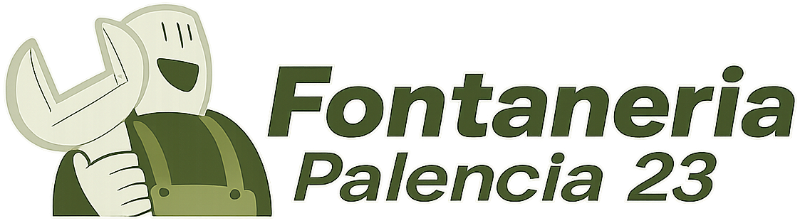 Logotipo de Fontaner&iacute;a Palencia 23 con la figura de un fontanero verde y el icono de una llave inglesa.