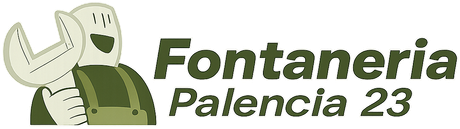 Logotipo de Fontaner&iacute;a Palencia 23 con la figura de un fontanero verde y el icono de una llave inglesa.