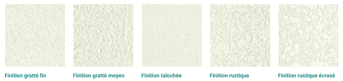 Cinq échantillons de finitions blanc cassé, chacun portant un nom différent en dessous.