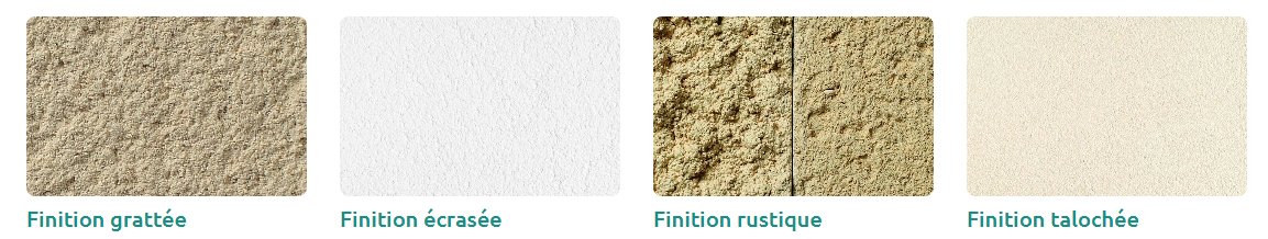 Quatre échantillons de surfaces texturées – beige, blanc, marron et crème –, présentés côte à côte.