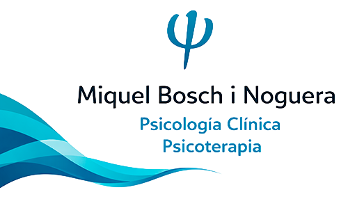 Logotip per al psic&ograve;leg cl&iacute;nic Miquel Bosch i Noguera amb ones abstractes blaves i el s&iacute;mbol de la lletra grega psi.