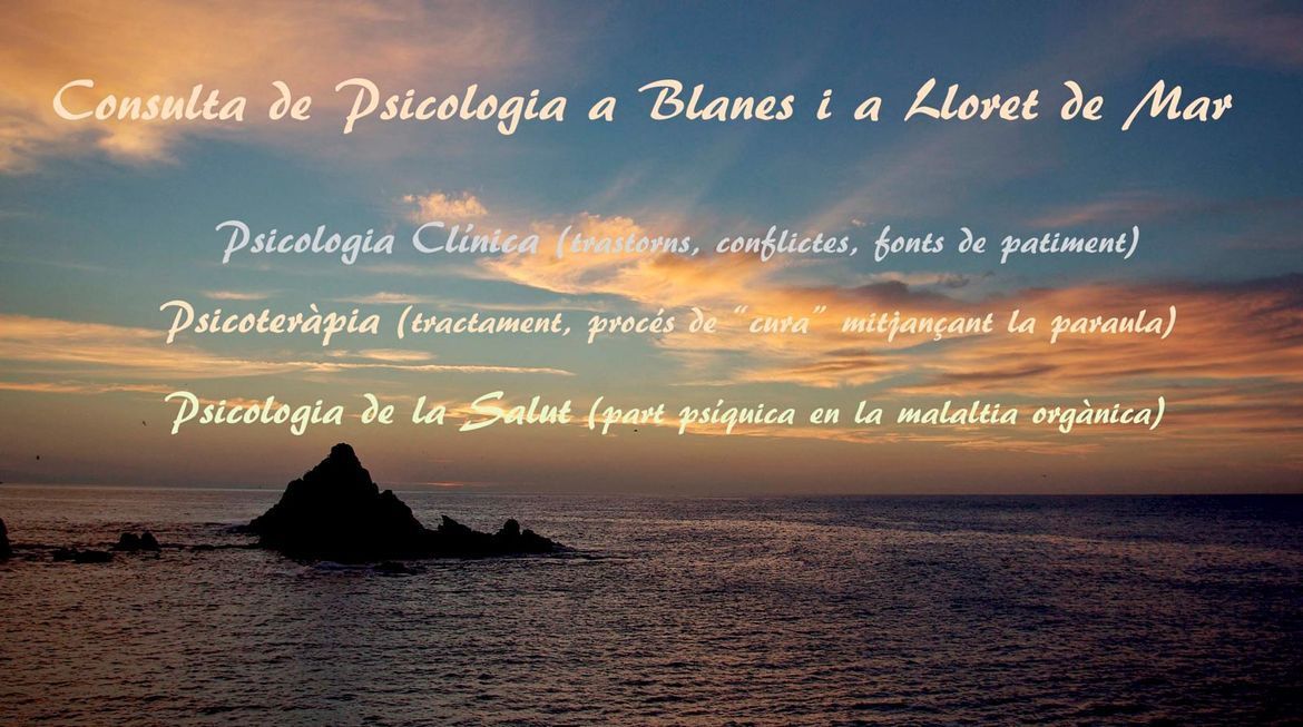 Posta de sol sobre el mar amb publicitat de text, serveis de psicologia a Blanes i Lloret de Mar.