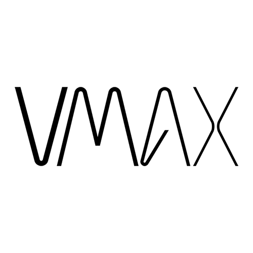 Ein schwarzweißes Logo für Vmax auf weißem Hintergrund.