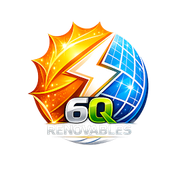 Logotipo para 6Q Renovables: sol y globo con paneles solares y rayo; texto plateado "6Q" y "RENOVABLES".