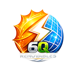 Logotipo para 6Q Renovables: sol y globo con paneles solares y rayo; texto plateado "6Q" y "RENOVABLES".
