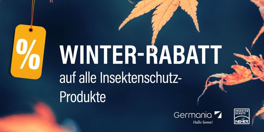 Winterrabatt auf Insektenschutzmittel, mit Blättern und gelbem Etikett.