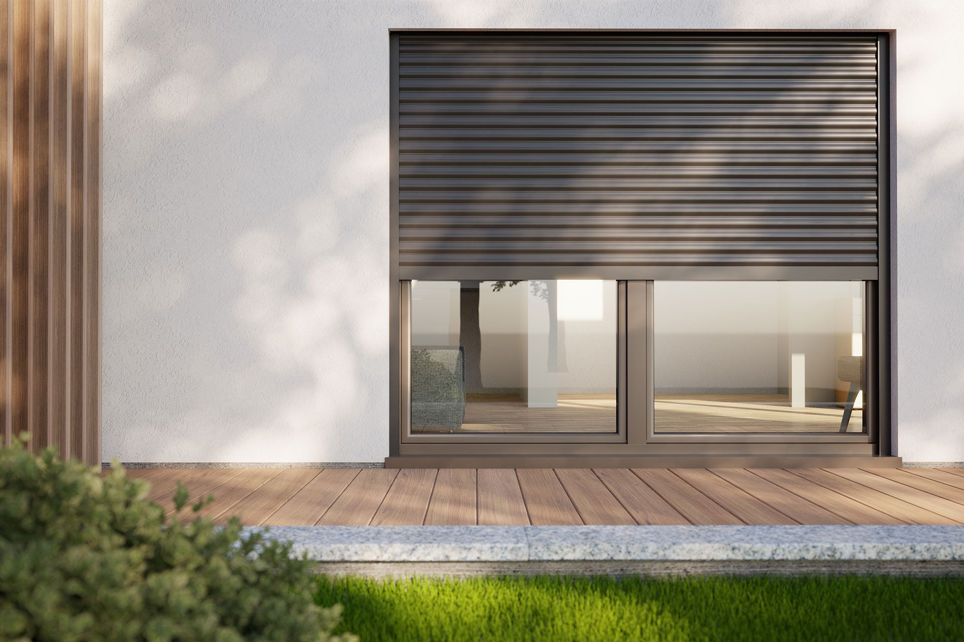 Ein Fenster mit einem schwarzen Rollladen an der Seite