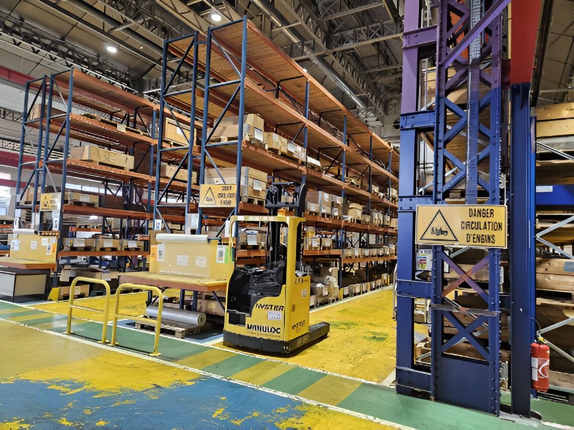 Hangar de stockage, engin et étagères de rangement remplies