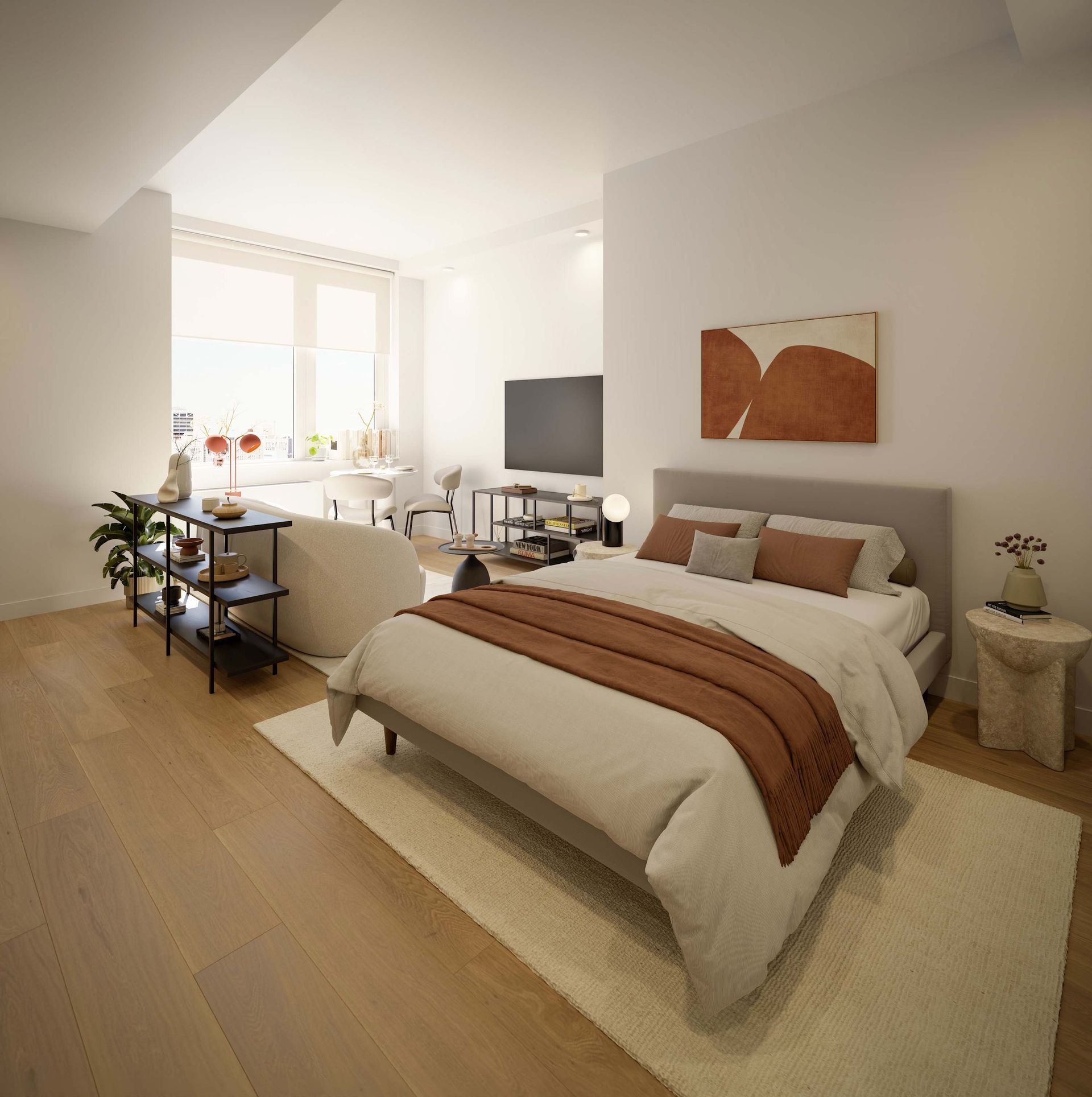 Bright Studio apartment with a white bed, bedside tables with lamps, wooden desk with a chair, potted plant, wall-mounted TV, and large windows with beige curtains. The apartment includes a doorman and is located in the Upper West Side.