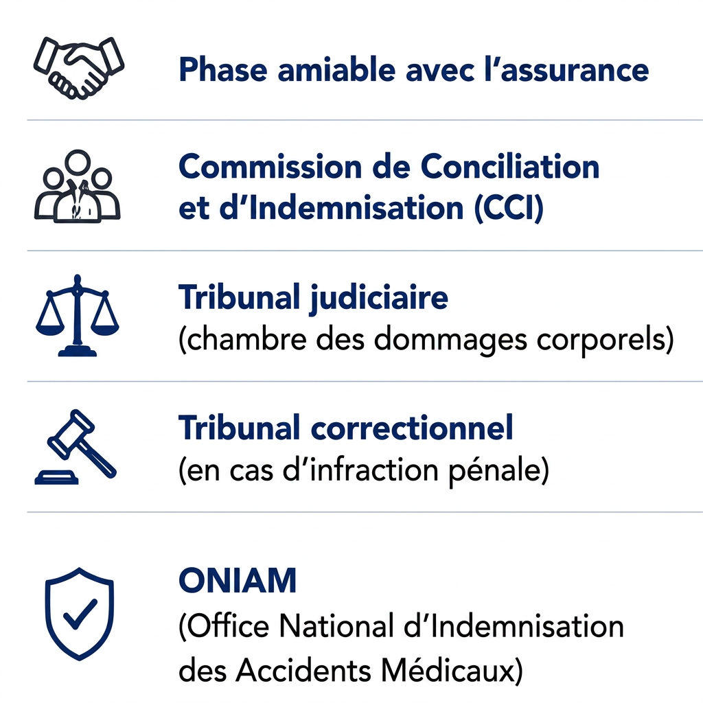 Organigramme français : options en cas d’accident médical (règlement amiable, CCI, tribunal civil, tribunal pénal et ONIAM)