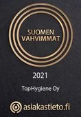 Suomen vahvimmat 2021 -mitali TopHygiene Oy:lle, asiakastieto.fi-logo alla