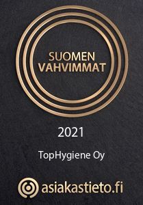 Suomen vahvimmat 2021 -mitali TopHygiene Oy:lle, asiakastieto.fi-logo alla
