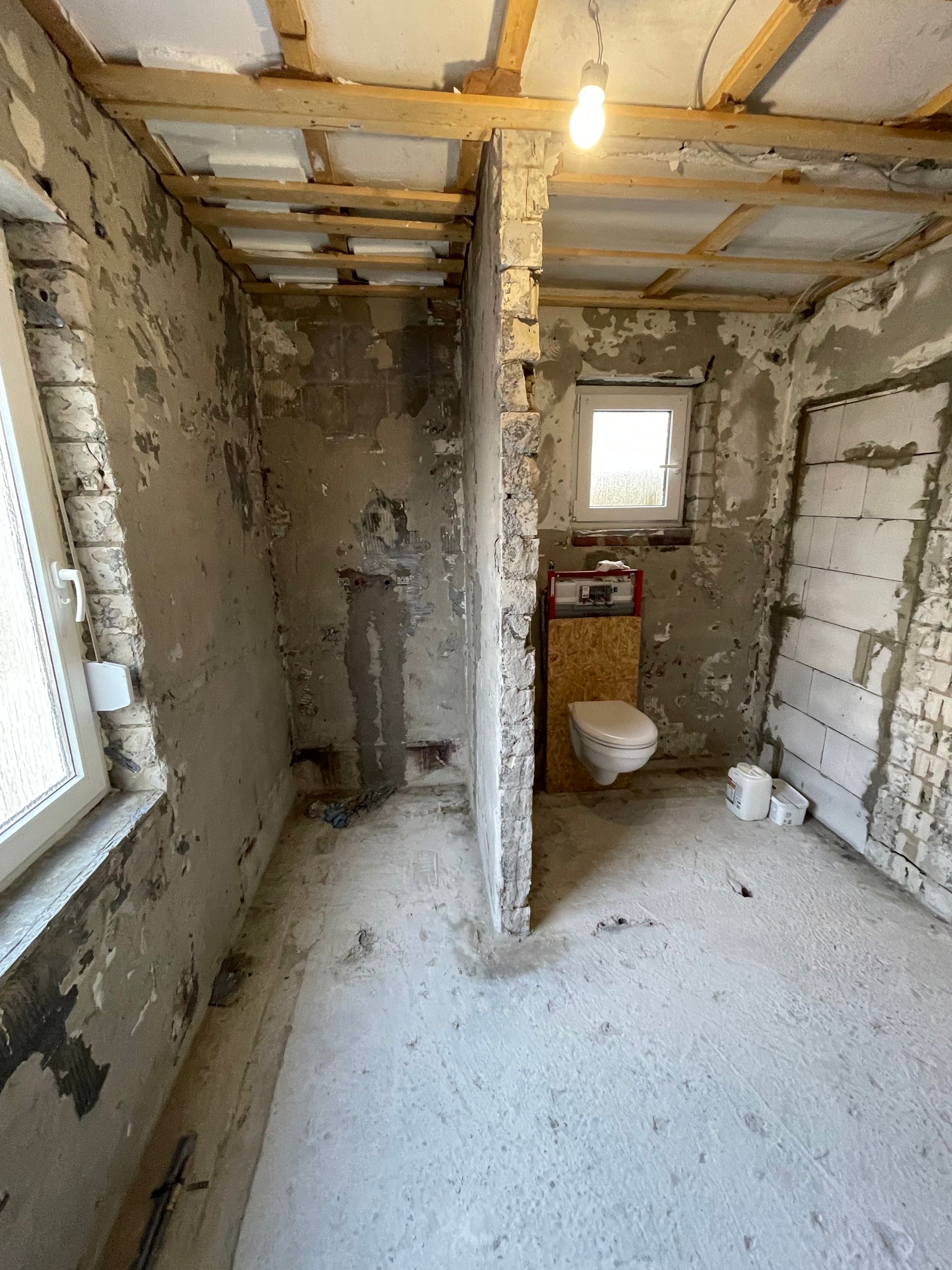 Teilweise renoviertes kleines Badezimmer mit freiliegenden Wänden, zwei Fenstern und einer Toilette in der Ecke.