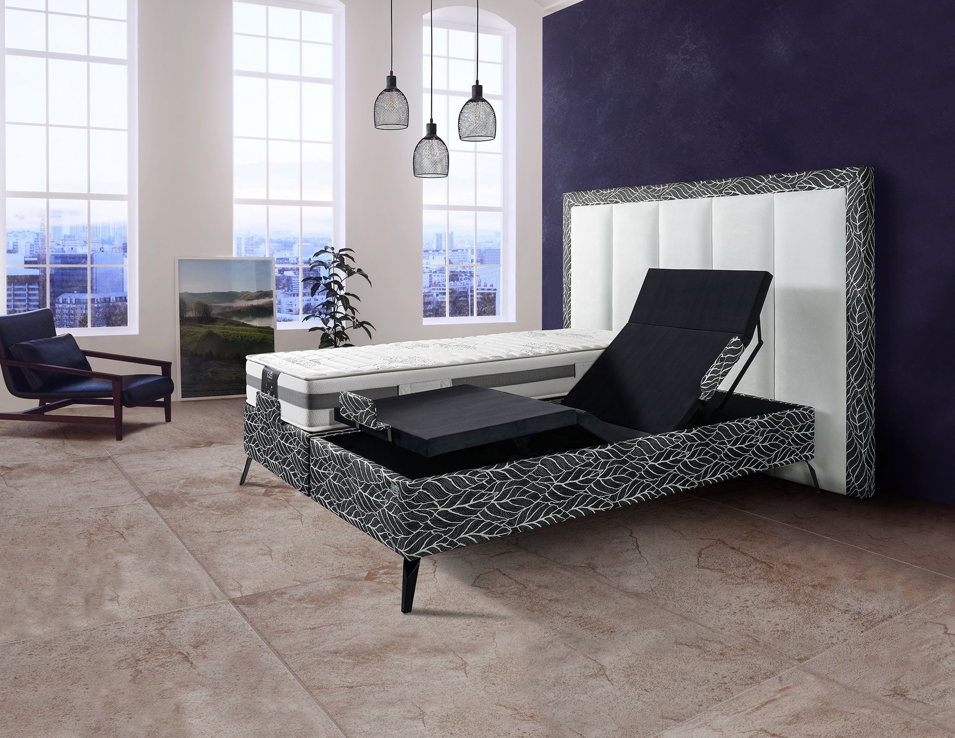 Lit double avec motif de feuillage noir