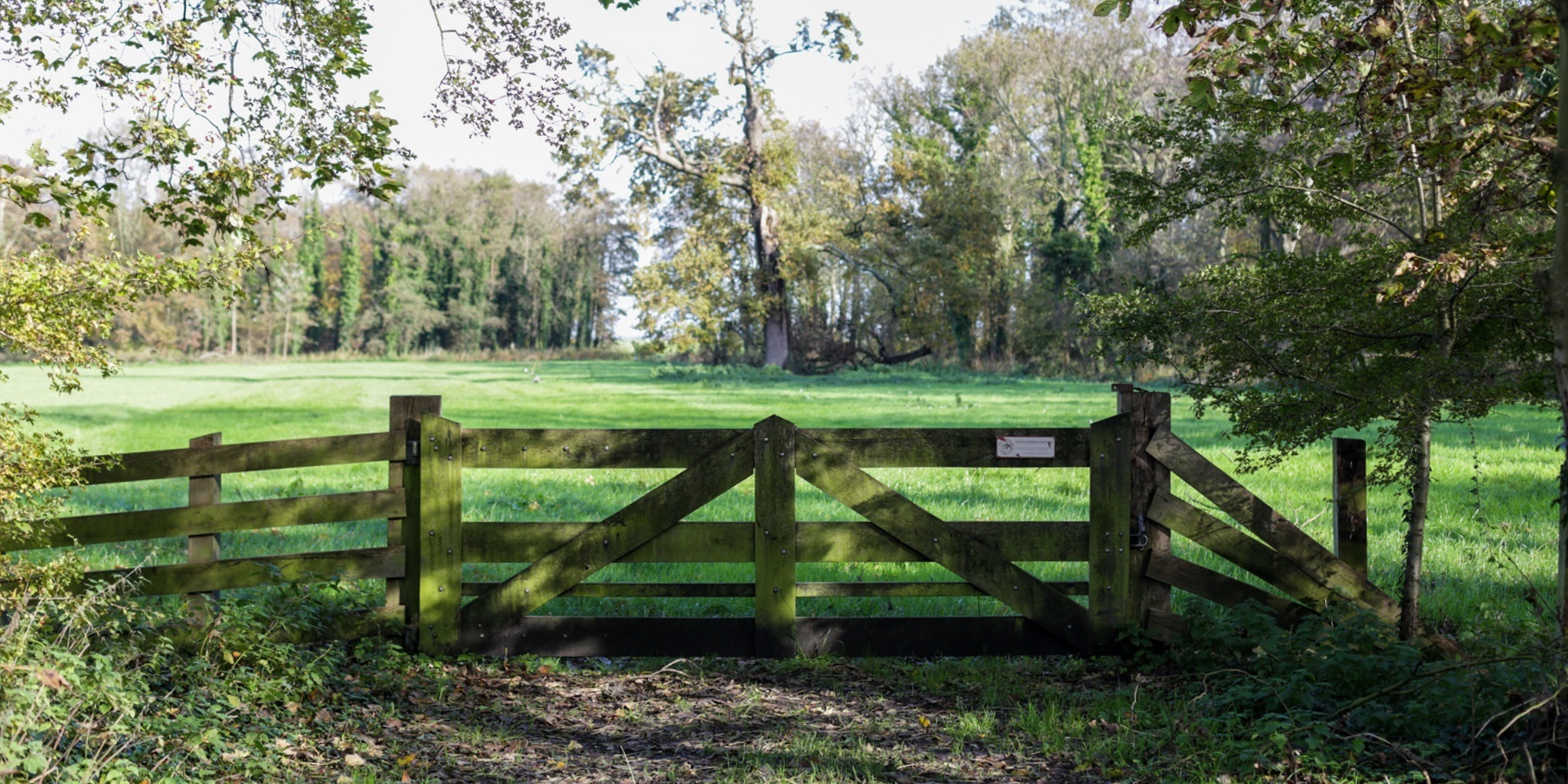 Een houten poort in een veld met bomen op de achtergrond.