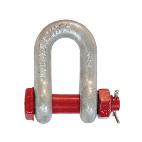 Un primer plano de un grillete de metal con un pasador rojo.