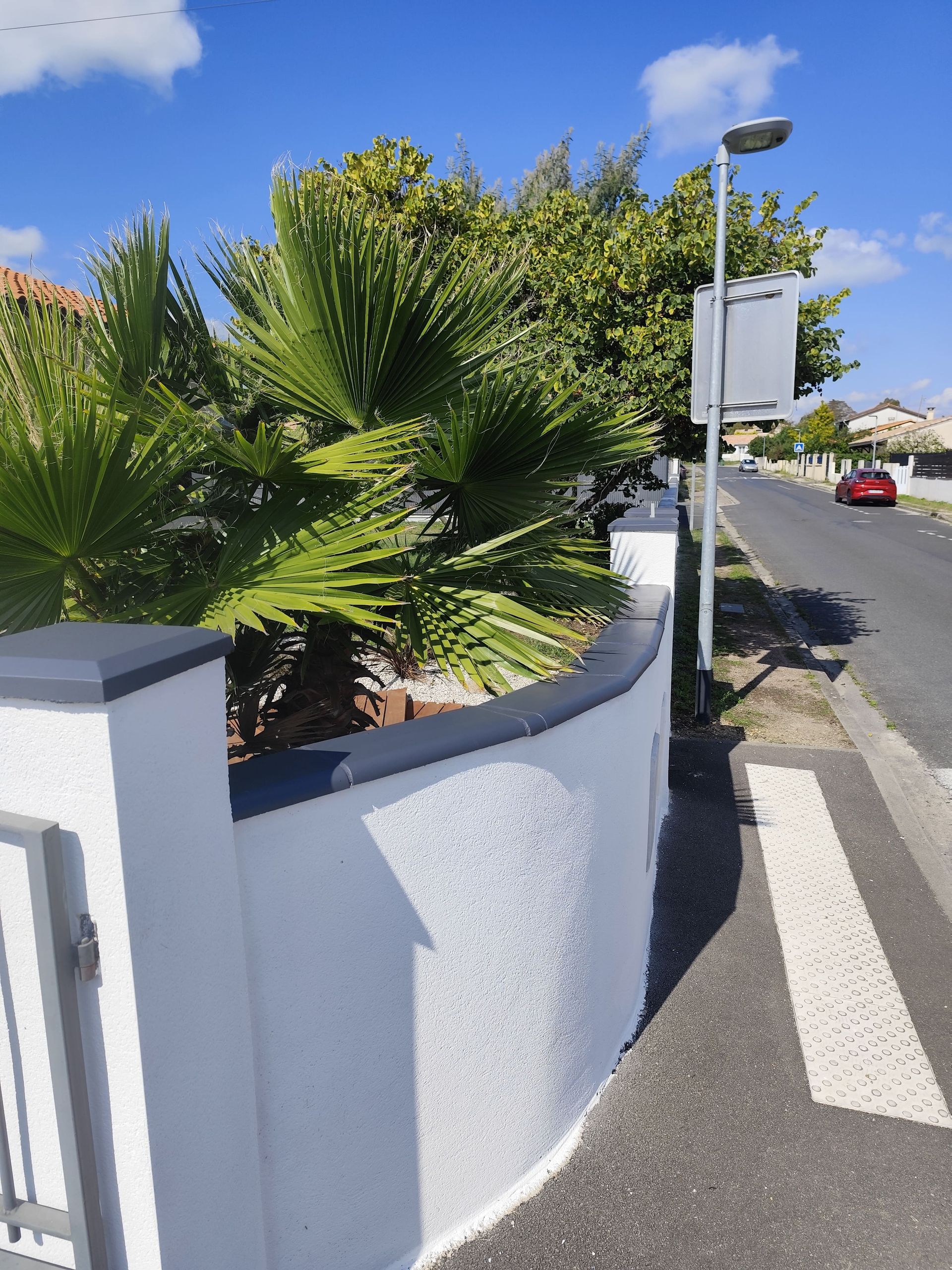 Une rambarde en pierre avec des palmiers