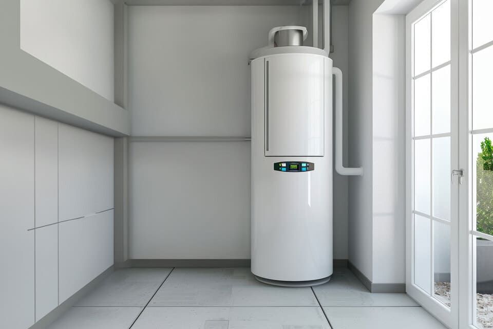 Un ballon d'eau chaude dans une pièce carrelée blanche.