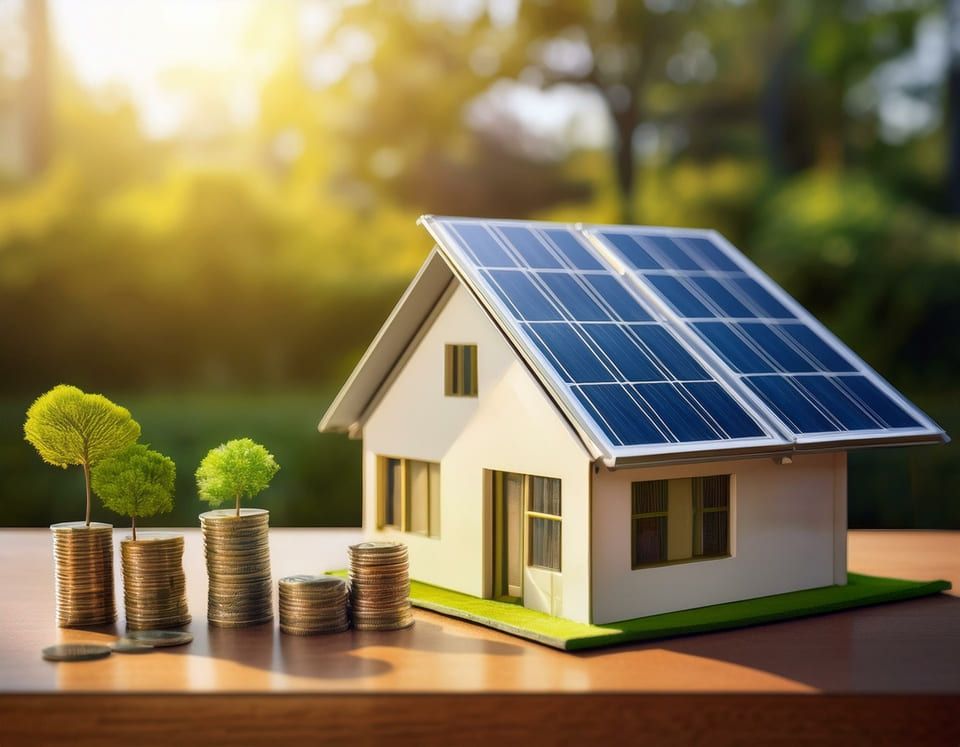 Maquette d'une maison avec panneaux solaires à coté de piles de pièce.