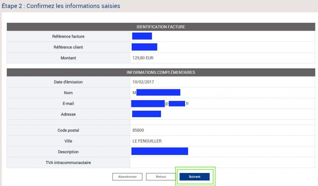 Étape 2 du procédé pour le paiment en ligne.