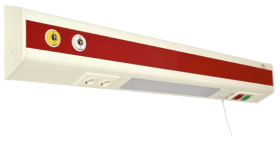Una cabecera de hospital con una raya roja y blanca.