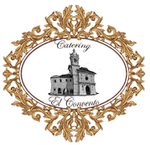 Un logotipo para una empresa de catering con una imagen de un edificio y una torre de reloj.