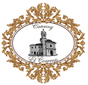 Un logotipo para una empresa de catering con una imagen de un edificio y una torre de reloj.