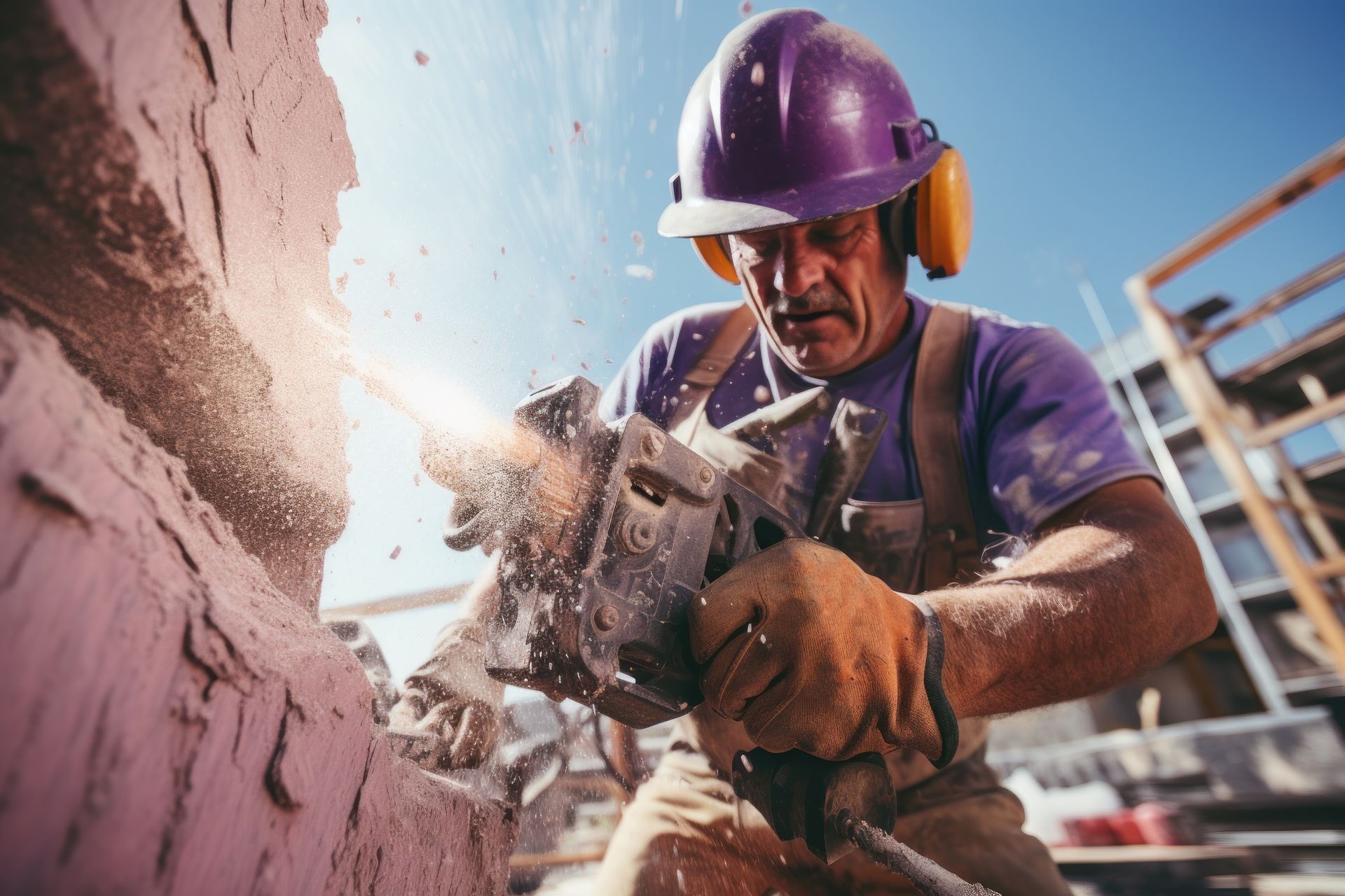 Ouvrier avec des outils en plein chantier