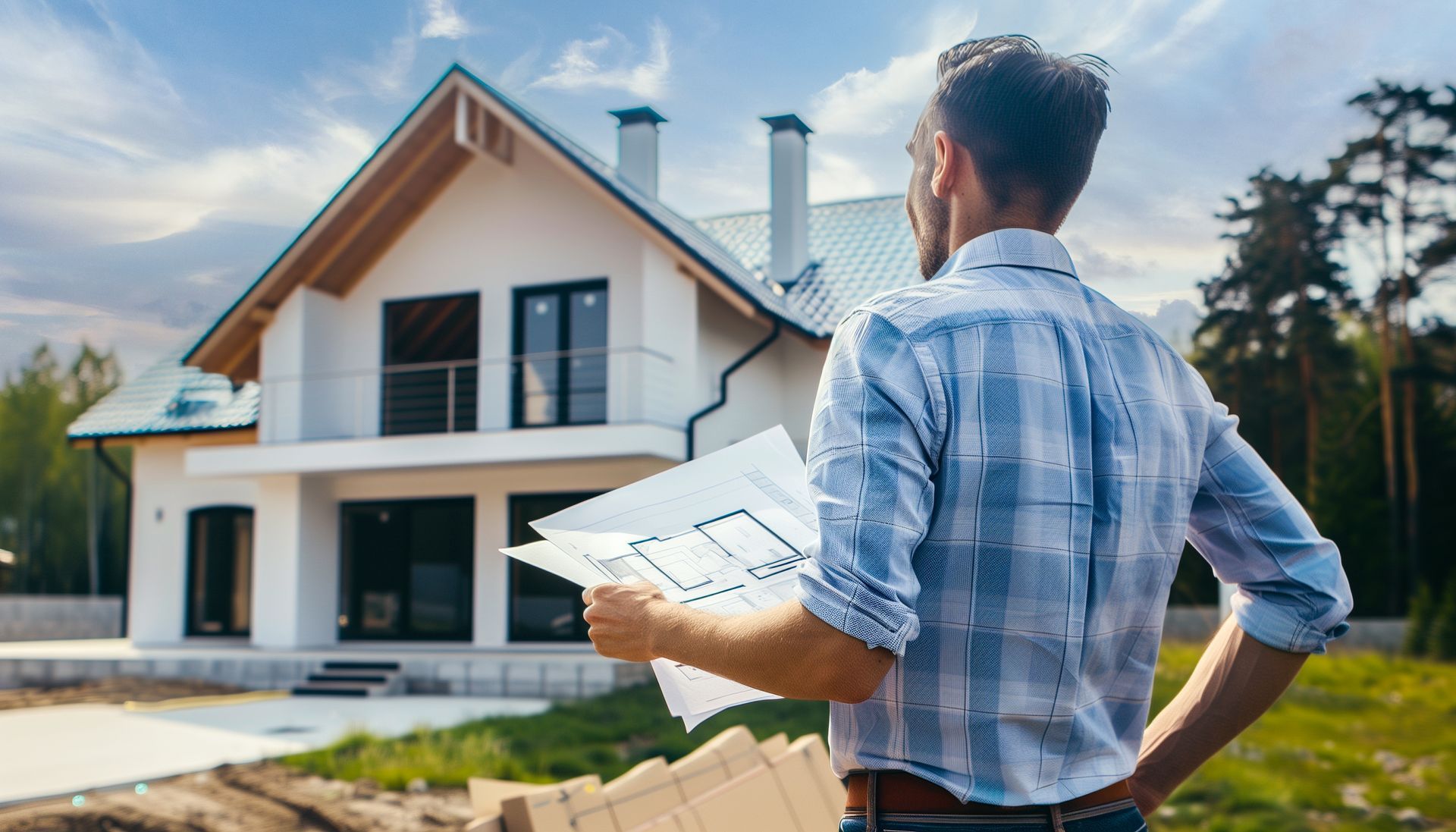 Architecte avec des plans dans la main devant une maison
